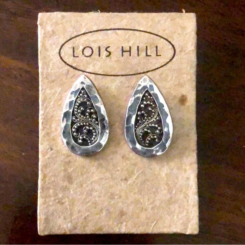 LOIS HILL Sterling Silver Teardrop Hammered Oxidized Granulated Post Earrings